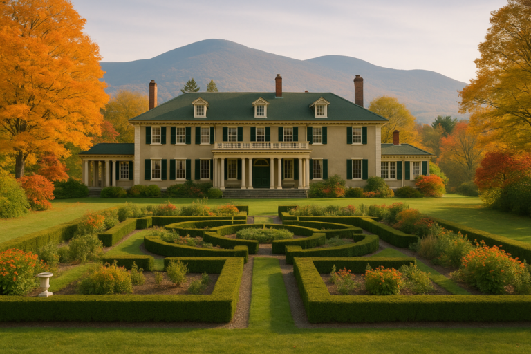 Hildene mansion in Vermont surrounded by vibrant fall foliage, formal gardens, and distant mountains in soft morning light.
