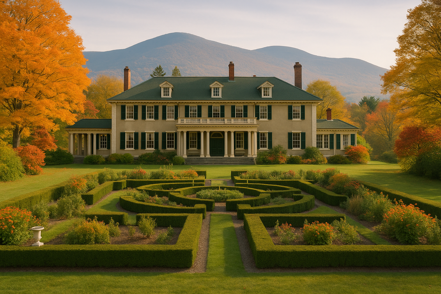 Hildene mansion in Vermont surrounded by vibrant fall foliage, formal gardens, and distant mountains in soft morning light.