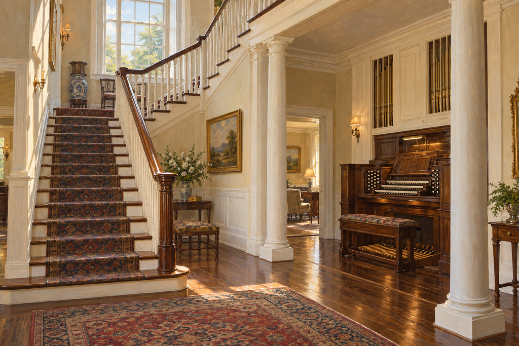 AI-generated illustration inspired by Hildene’s entrance hall, showing a wooden organ console beside a staircase with white balusters.