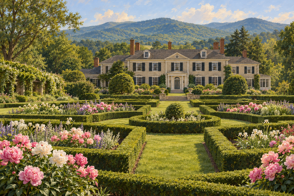 AI-generated illustration inspired by Hildene’s formal garden, with clipped hedges, pink and white flowers, and a mansion against wooded mountains.
