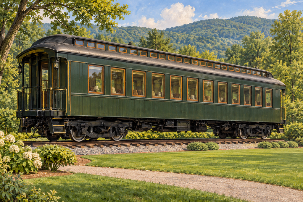 AI-generated illustration inspired by Hildene’s Sunbeam railcar, showing a dark green passenger car on display tracks against wooded mountains.