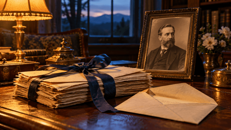 Ribbon-tied antique letters beside a framed sepia portrait on a wooden desk, lit by a warm lamp.