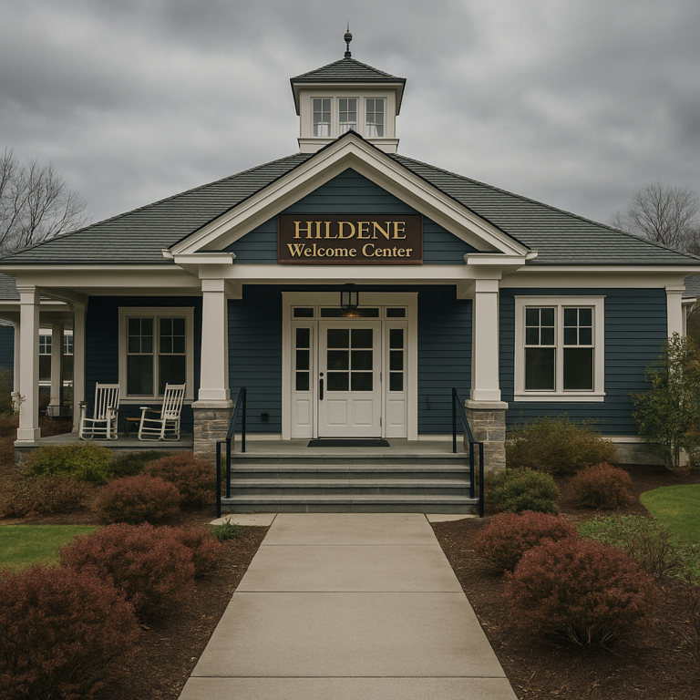 A photograph captures Hildene's Welcome Center during summer, surrounded by lush greenery and colorful flowers, with the Green Mountains visible in the distance.