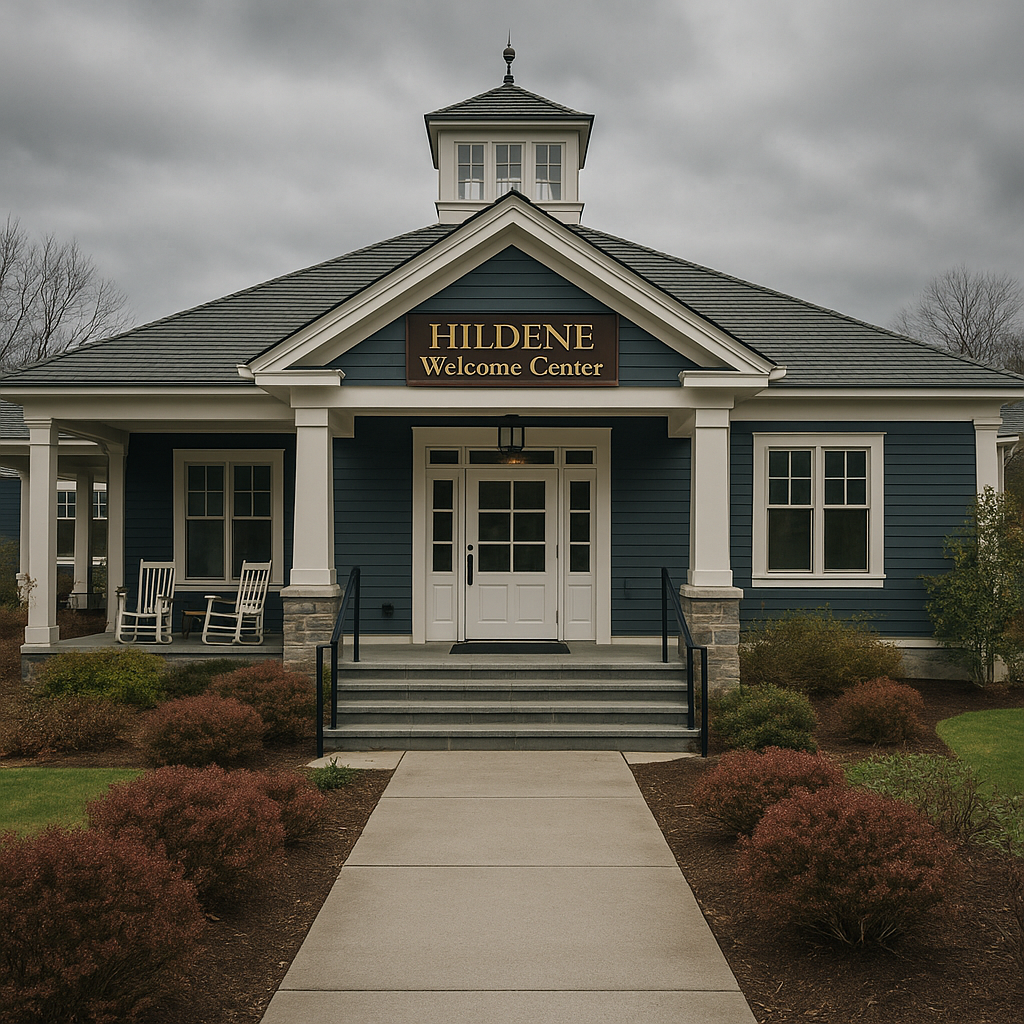 A photograph captures Hildene's Welcome Center during summer, surrounded by lush greenery and colorful flowers, with the Green Mountains visible in the distance.