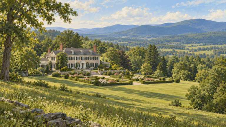 AI-generated illustration inspired by Hildene, showing a mansion, formal gardens, broad lawns, and a wooded Vermont valley.