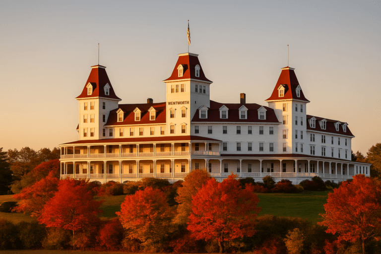 Wentworth By The Sea hotel framed by vivid red and orange autumn trees, with its white facade and red towers glowing in the late afternoon sun
