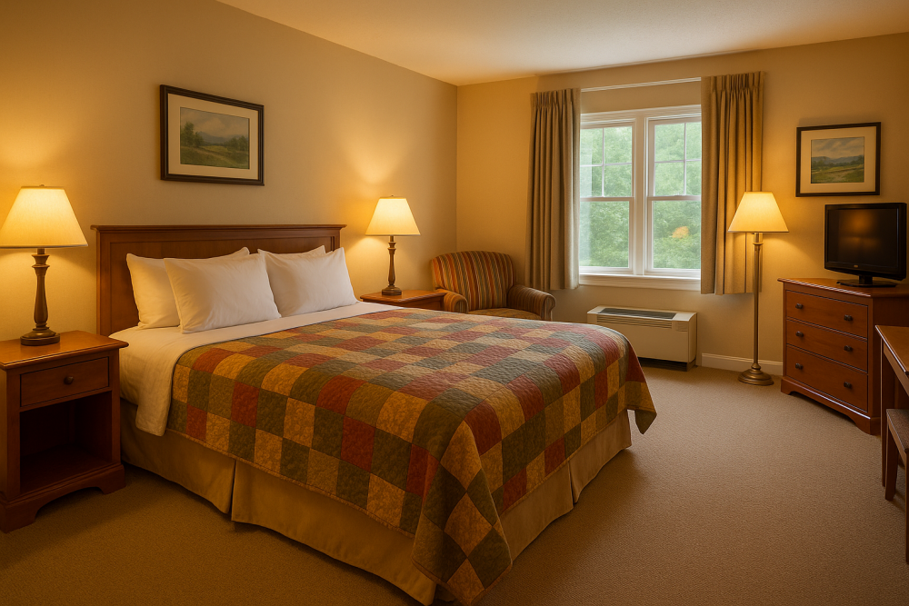 A cozy hotel room with a queen bed covered in a colorful patchwork quilt, flanked by wooden nightstands and lamps, with a striped armchair, dresser, and a window overlooking green trees.
