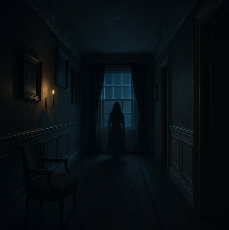 A dimly lit, narrow hallway in a historic home stretches into shadow, with antique wallpaper and creaky wooden floors evoking an eerie, timeless atmosphere.