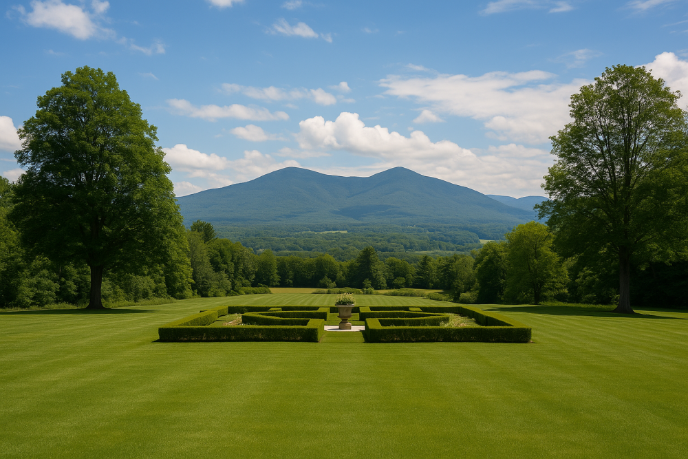 A formal garden at Hildene stretches across manicured lawns toward a hazy, blue-green mountain range, framed by tall shade trees and a central planter.