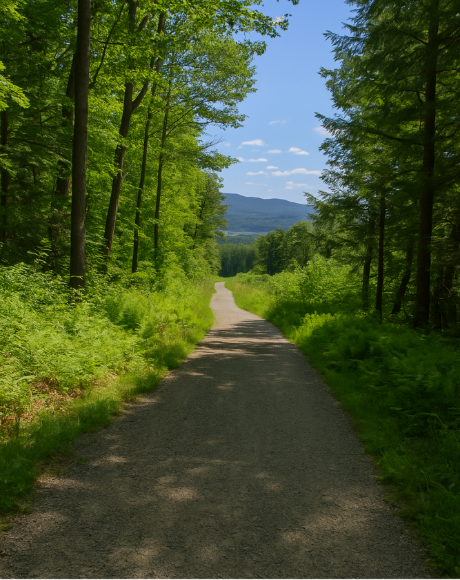 A gravel trail winds through dense green woodland at Hildene, with tall trees on both sides and distant mountains visible under a bright blue sky.