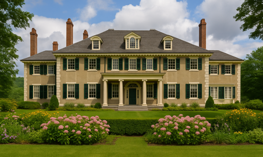 A photograph captures the Georgian-style Hildene mansion, with its white facade, wide veranda, and manicured lawn, set against the rolling hills of Manchester, Vermont.