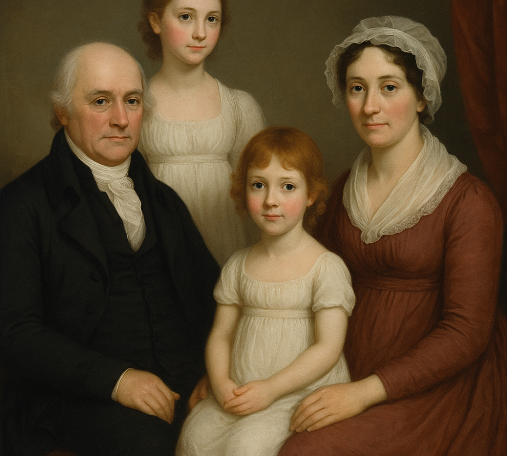 A realistic oil painting of a 19th-century family of four—father, mother, and two daughters—posed in traditional attire against a dark, neutral background with a red velvet curtain.