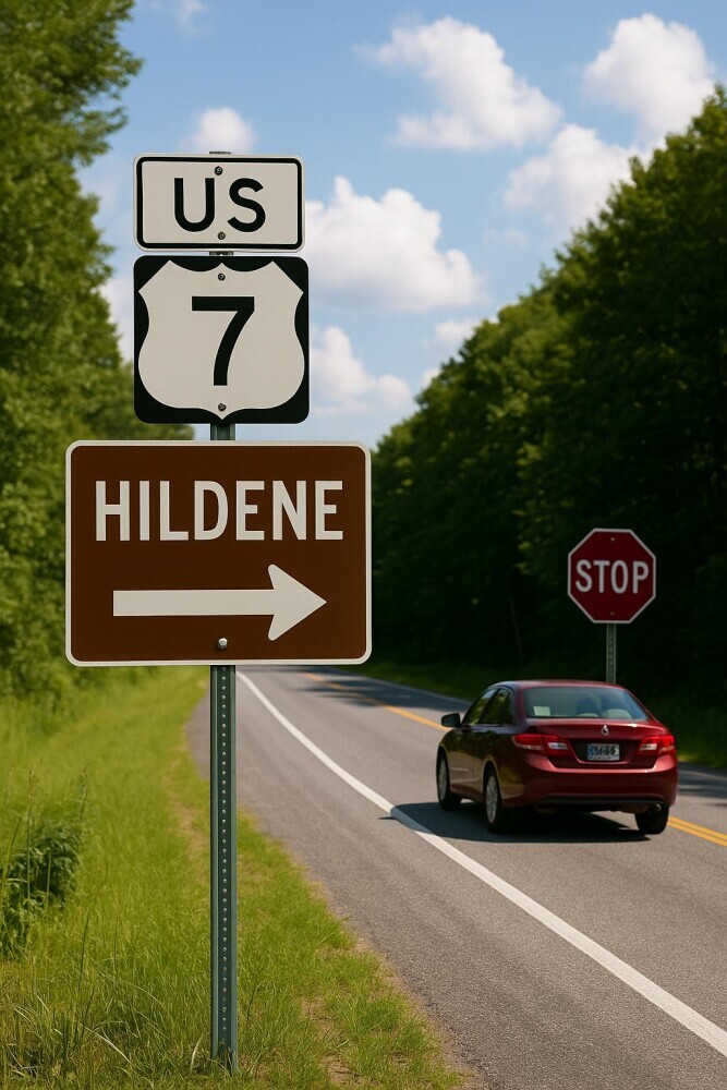 A red sedan approaches a brown “HILDENE” directional sign beneath a U.S. Route 7 marker on a rural Vermont road, surrounded by trees and soft sunlight under a blue sky with scattered clouds.