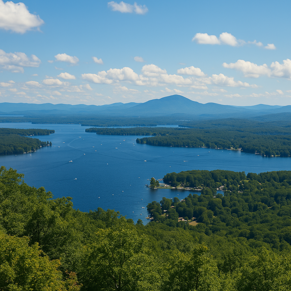 A scenic view of Lake Winnipesaukee taken from a nearby overlook, showcasing calm waters, surrounding forested hills, and distant mountain ranges under a soft blue sky.