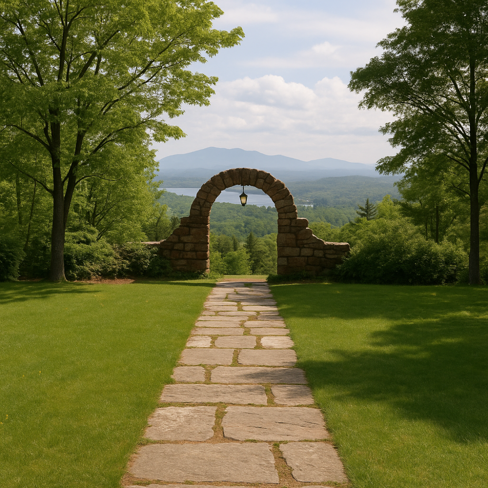 A scenic woodland hiking trail near Castle in the Clouds, framed by lush green trees and a gentle uphill path.