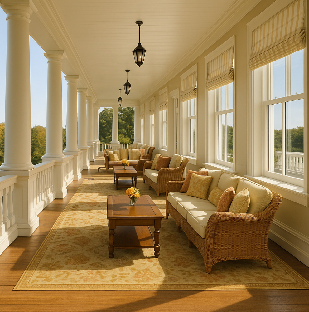 Elegant veranda at Wentworth By The Sea featuring white columns, wicker furniture with cream cushions, and golden sunlight streaming through tall windows.