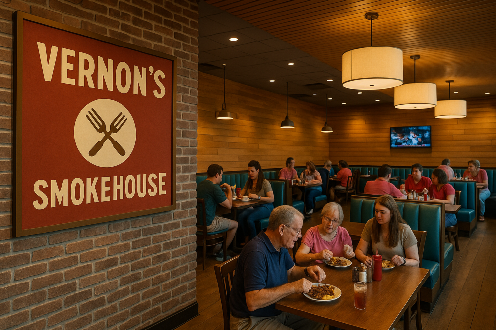 Guests dine at Vernon’s Smokehouse at Graceland, seated in teal booths beneath warm lighting, while a red sign on the brick wall displays the restaurant’s name and crossed utensils logo.