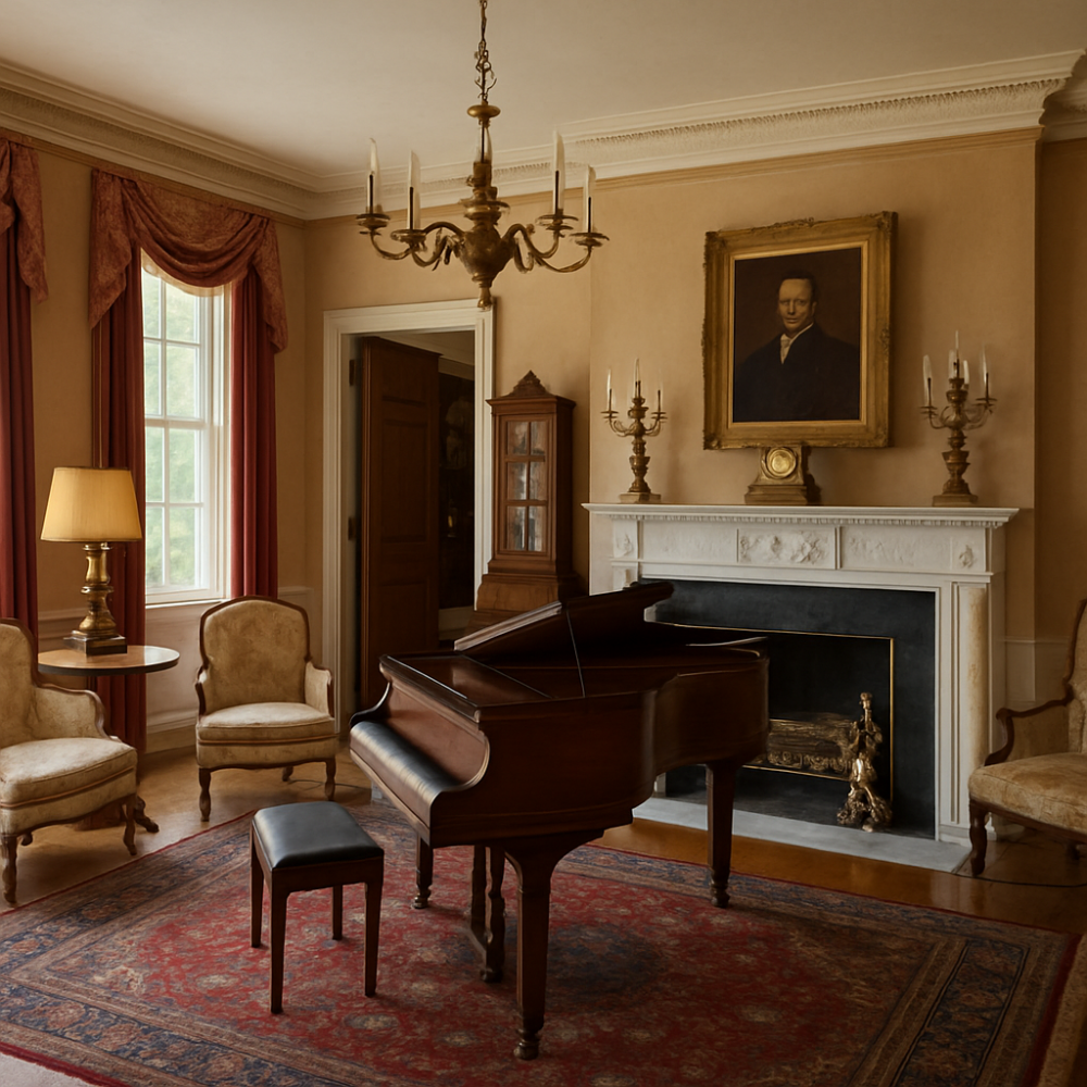 Historic parlor room at Hildene, featuring antique furnishings, period wallpaper, and sunlight streaming through lace-covered windows.