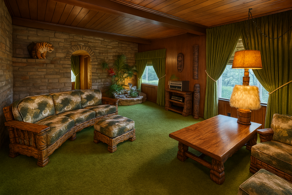 Interior of Elvis Presley’s Jungle Room at Graceland, featuring green shag carpet, carved wooden furniture, stone walls, tropical plants, and warm lighting.
