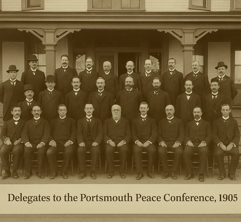 Sepia-toned photo of Japanese, Russian, and American delegates to the 1905 Portsmouth Peace Conference, posed in three rows on the steps of the Wentworth By The Sea hotel.