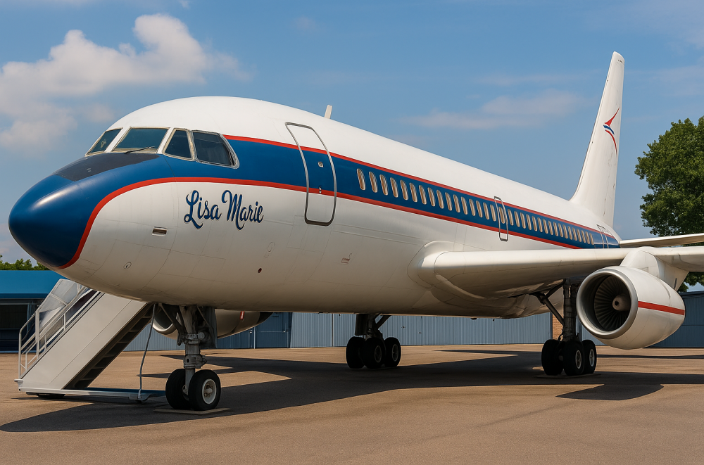 The Lisa Marie jet parked on display at Graceland, featuring red and blue stripes, boarding stairs, and a clear view of its restored exterior.
