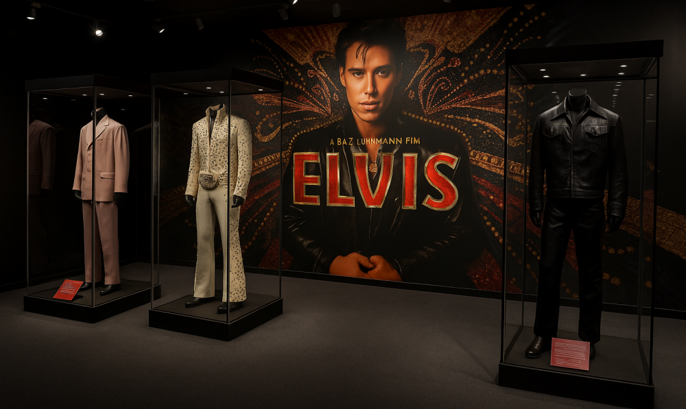 Three movie costumes from Baz Luhrmann’s Elvis on display at Graceland, shown in glass cases with a dramatic mural of Austin Butler as Elvis in the background.