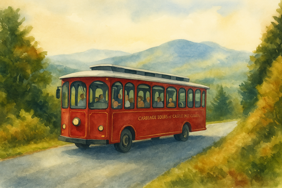 Watercolor painting of a vintage-style trolley bus traveling up a winding mountain road toward Castle in the Clouds, surrounded by trees and rolling hills.