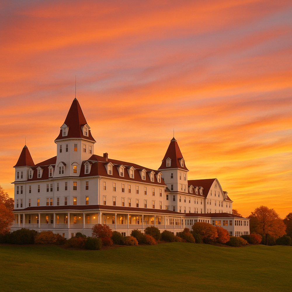 Wentworth By The Sea hotel glowing at sunset, with golden light illuminating the white facade and red roofs against a vibrant orange sky.