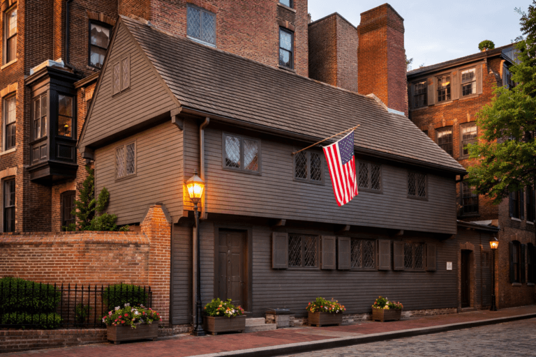 The Paul Revere House in Boston’s North End, photographed in soft light with the narrow street and historic wooden exterior visible.