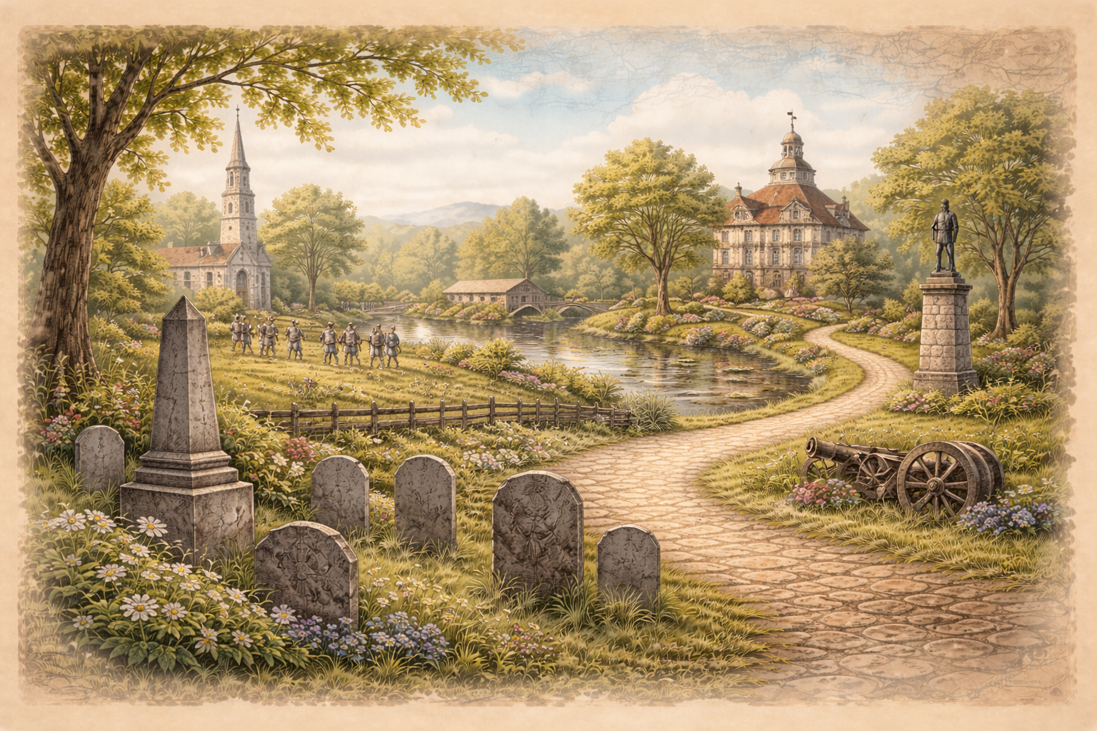 Historic cemetery with weathered gravestones, mature trees, and surrounding landmarks representing nearby cultural and historic attractions.