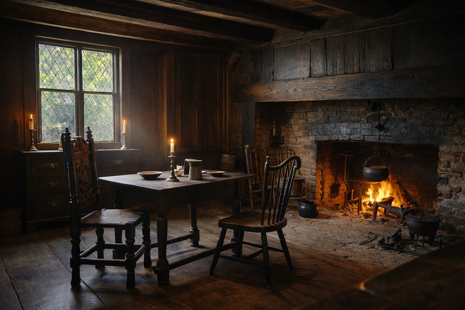 The House of the Seven Gables in Salem, with dark timber siding, steep gables, brick chimneys, and colorful gardens along a brick pathway near the waterfront.