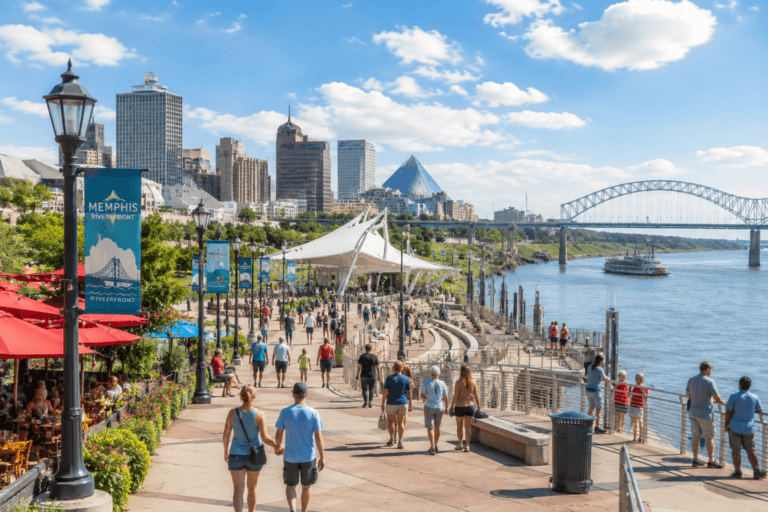 Visitors walking along the Memphis riverfront on a bright sunny day with skyline views, outdoor dining, riverboats, and the Mississippi River in the background.
