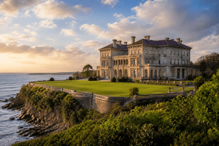 Wide coastal view of The Breakers mansion in Newport, Rhode Island overlooking the Atlantic Ocean during golden hour