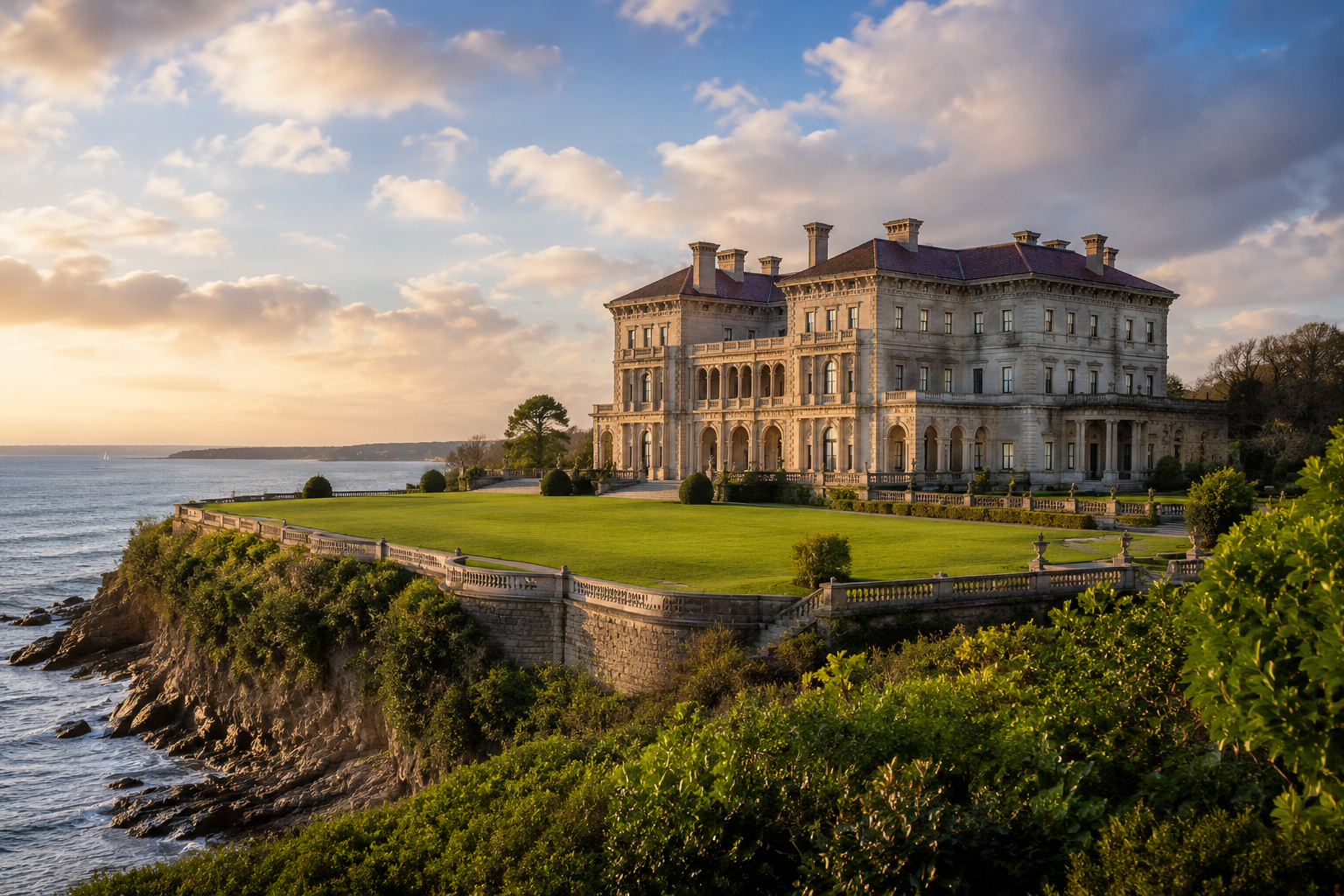 Wide coastal view of The Breakers mansion in Newport, Rhode Island overlooking the Atlantic Ocean during golden hour