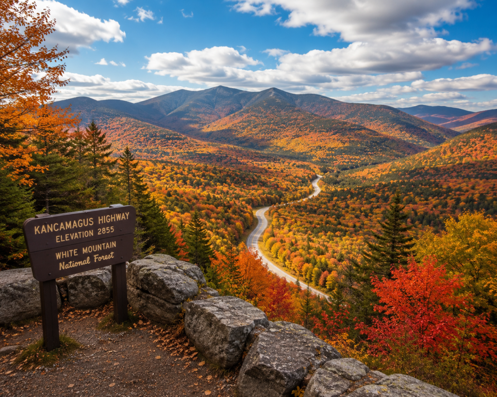 Panoramic view from a Kancamagus Highway overlook featuring colorful autumn foliage, a winding mountain road, and the rugged peaks of New Hampshire's White Mountains beneath a blue sky.