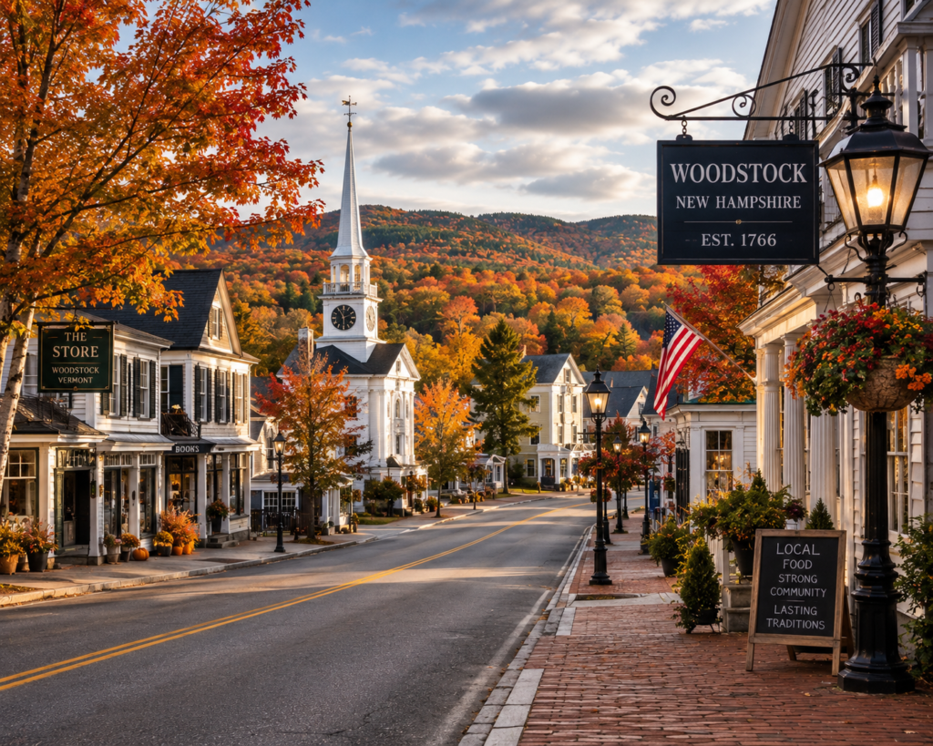 Historic Main Street in Woodstock, New Hampshire, lined with charming shops, a white church steeple, and colorful autumn foliage in the heart of the White Mountains.
