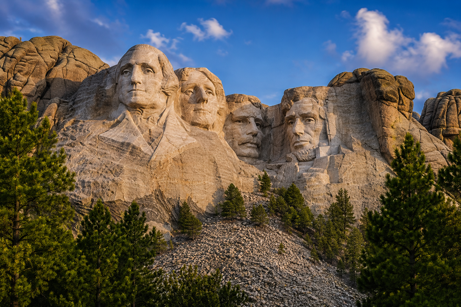 Mount Rushmore National Memorial in South Dakota featuring the carved faces of Presidents Washington, Jefferson, Roosevelt, and Lincoln surrounded by the Black Hills.