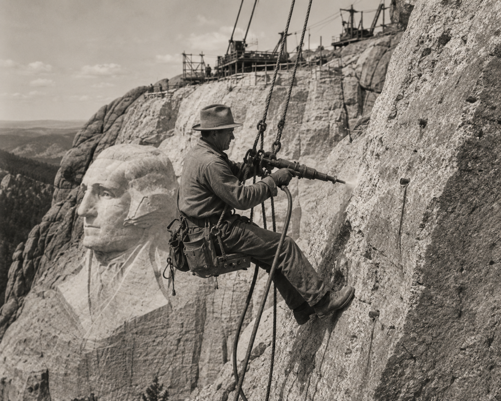 Mount Rushmore worker suspended by ropes while using a pneumatic drill to carve the granite mountainside during construction of the memorial.