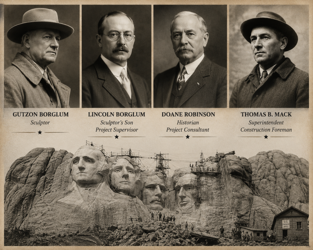 Sepia-toned collage featuring Gutzon Borglum, Lincoln Borglum, Doane Robinson, and Thomas B. Mack above an archival-style view of Mount Rushmore under construction.