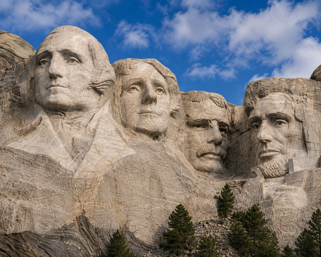 Close-up view of the four presidential faces carved into Mount Rushmore National Memorial in South Dakota.