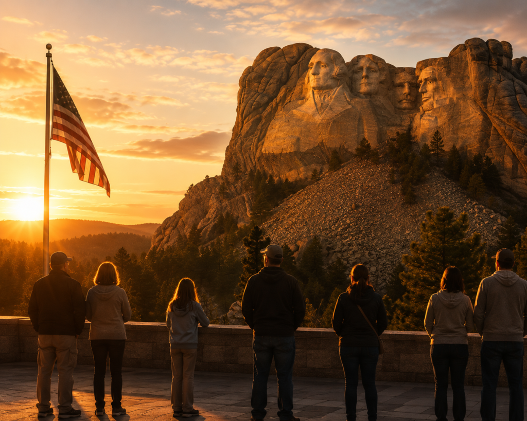 Visitors quietly viewing Mount Rushmore National Memorial at sunset with an American flag in the foreground and the monument glowing in golden evening light.