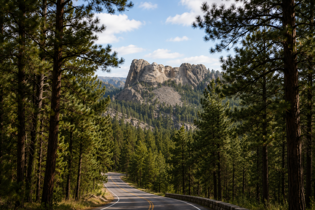 Mount Rushmore National Memorial emerging above the pine forests of South Dakota's Black Hills as seen from a scenic roadway.