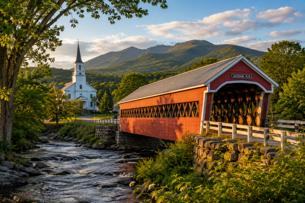 Historic covered bridge spanning a mountain stream with a white New England church and forested mountains in the background at sunset.