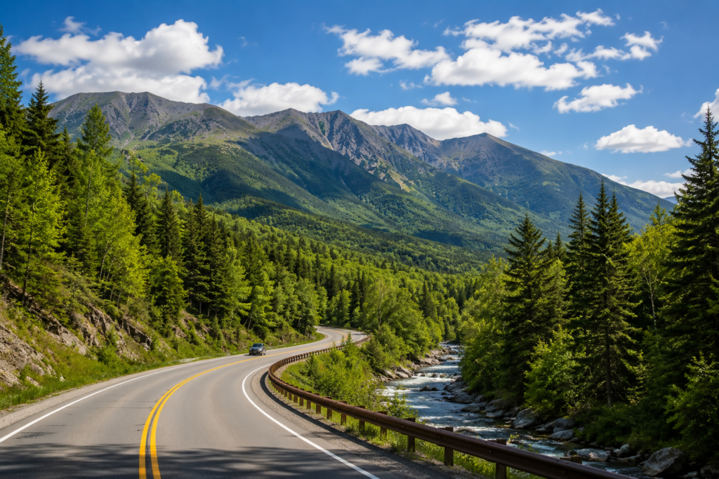 Scenic mountain highway winding through New Hampshire's White Mountains beside a rushing stream on a summer day.