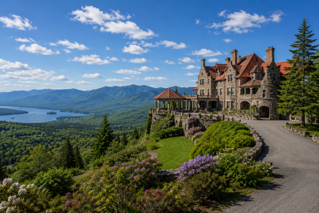 Wide view of Castle in the Clouds overlooking Lake Winnipesaukee and the Ossipee Mountains in Moultonborough, New Hampshire.