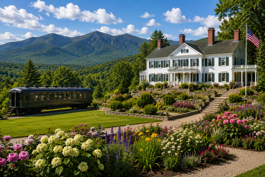 Wide view of Hildene, the Lincoln Family Home, with its formal gardens, historic Pullman railcar, and the Green Mountains of Vermont in the background.