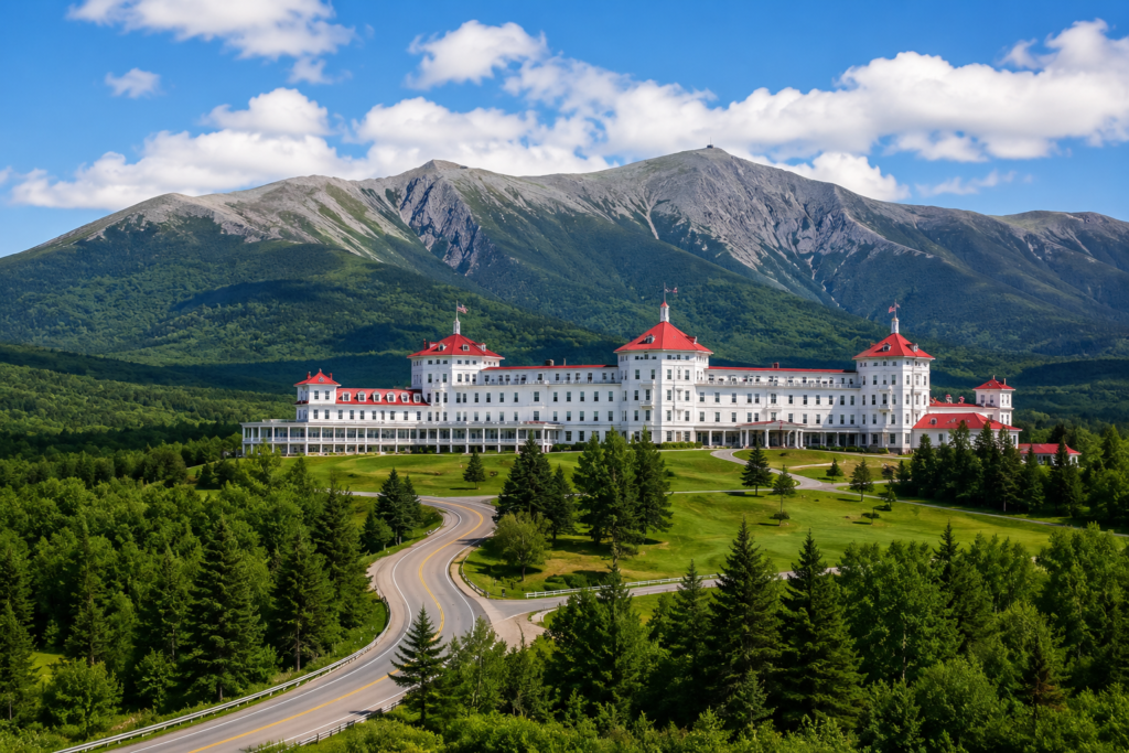 Wide view of the historic Omni Mount Washington Resort with the Presidential Range rising behind it in New Hampshire's White Mountains.