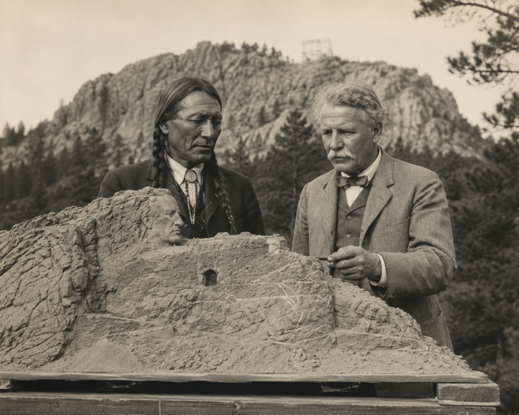 Historical-style illustration of Henry Standing Bear and Korczak Ziolkowski examining a model of Crazy Horse Memorial