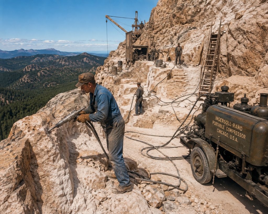 Historical-style illustration of early workers drilling into the granite during construction of Crazy Horse Memorial