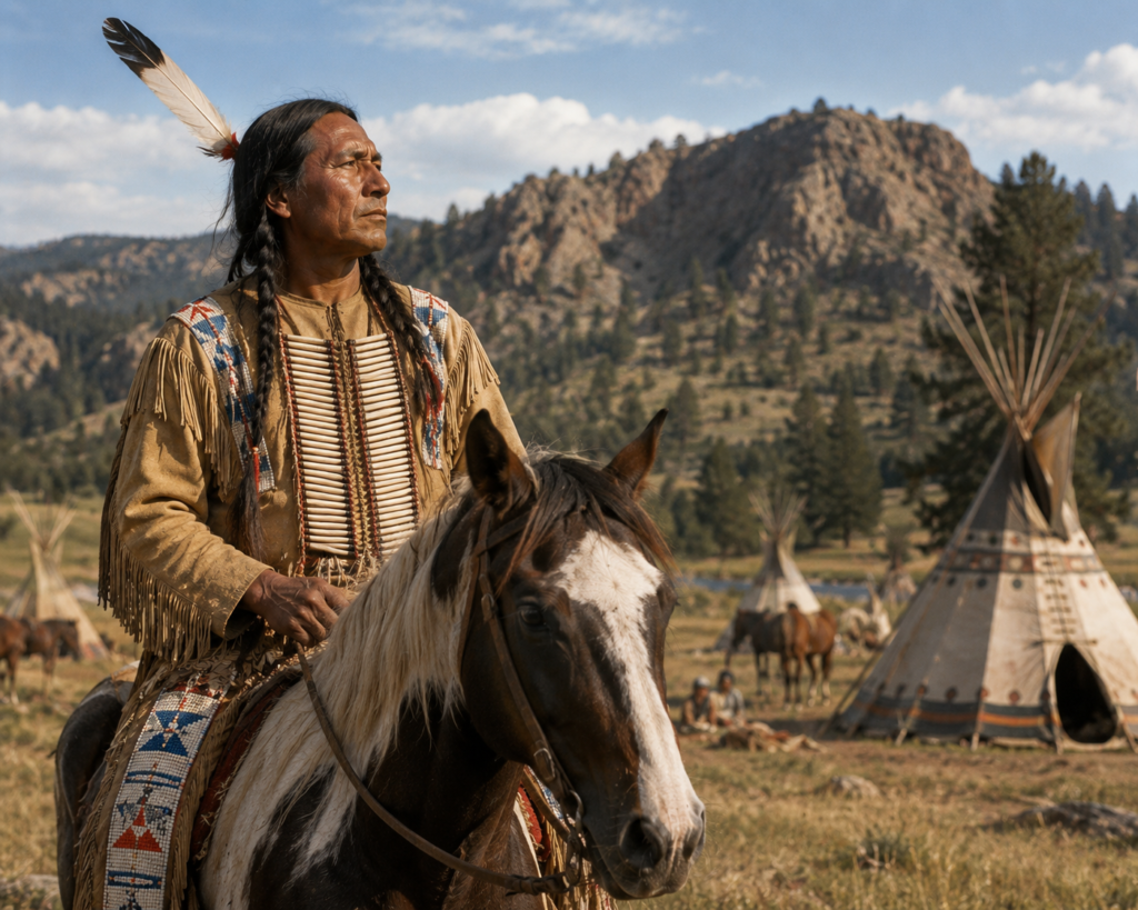Artistic representation of Crazy Horse on horseback in a historical Lakota setting in the Black Hills